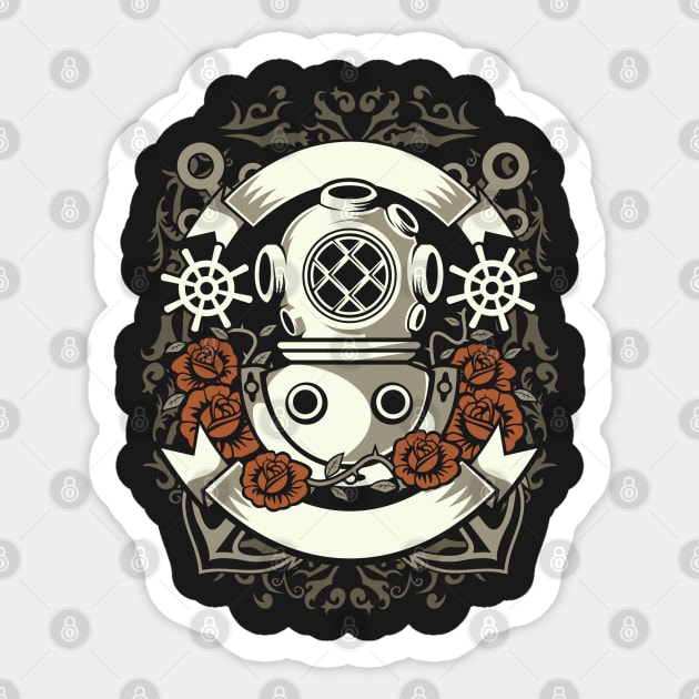 Deep Sea Diver Retro Crest With Roses Sticker by JakeRhodes